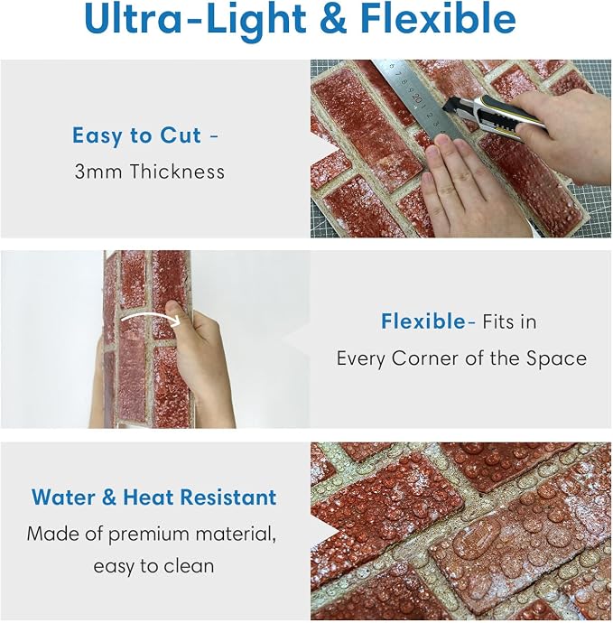 COMSTICKC 3D Red Brick Wall Panels Peel and Stick Tiles, Small Size Thin PVC - Image 4