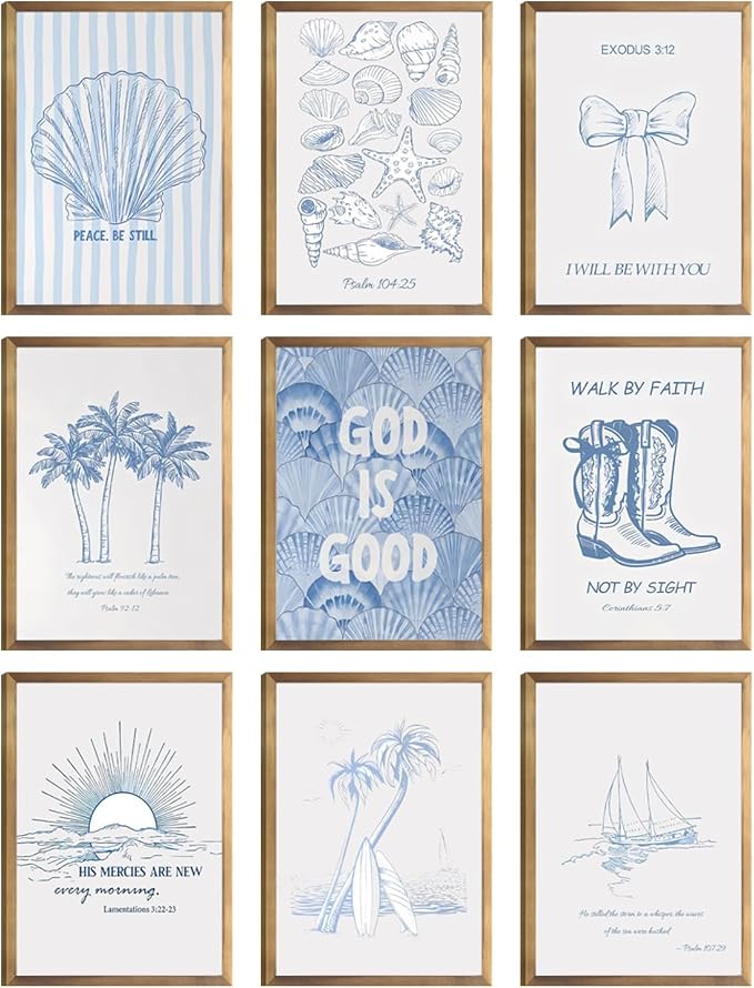 9 Pcs Coastal Christian Wall Art Blue Seashell Posters Inspirational Bible by Unknown
