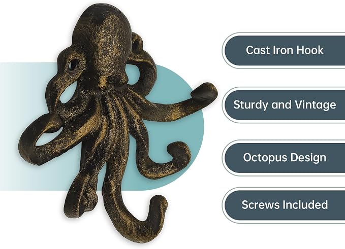 Octopus Cast Iron Wall Hook – Nautical Decorative Key Holder, Coastal Ocean - Image 3