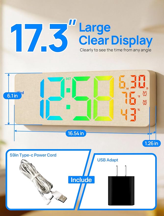 MASHI 2026 Upgrade 17.3" Large Digital Wall Mount Clock, Digital Clock - Image 2