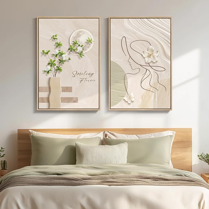 Framed Neutral Boho Wall Art for Bedroom, Mid Century Modern Bohemian Canvas by Cuspin