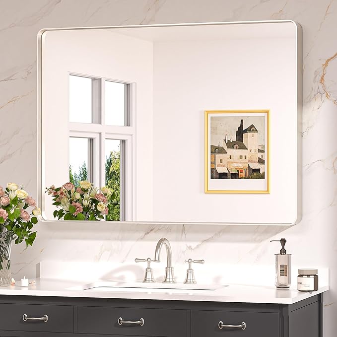 Keonjinn Brushed Nickel Mirror 40 x 30 Inch Large Silver Bathroom Mirror by Keonjinn