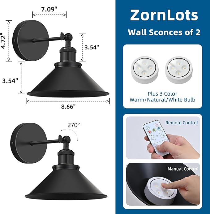 Battery Operated Wall Sconce Set of 2, Vintage Wireless Wall Sconces - Image 5