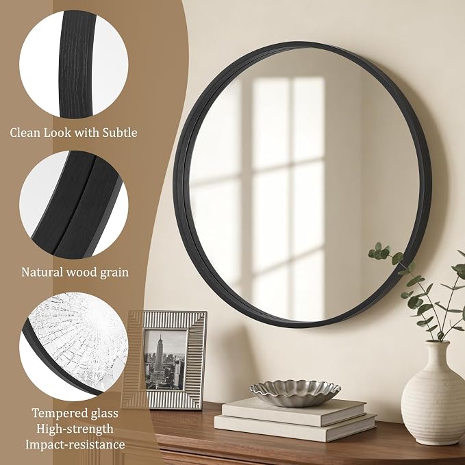 WallBeyond Black Round Mirror Wood Framed 28 inch Circle Wall Mirror - Image 5