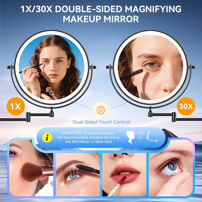 10'' 30X/1X Wall Mounted Lighted Makeup Mirror, 5000mAh Rechargeable - Image 2