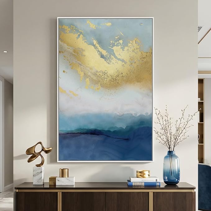 Large Framed Blue Gold Abstract Wall Art, Modern Vertical Canvas Prints by Cuspin