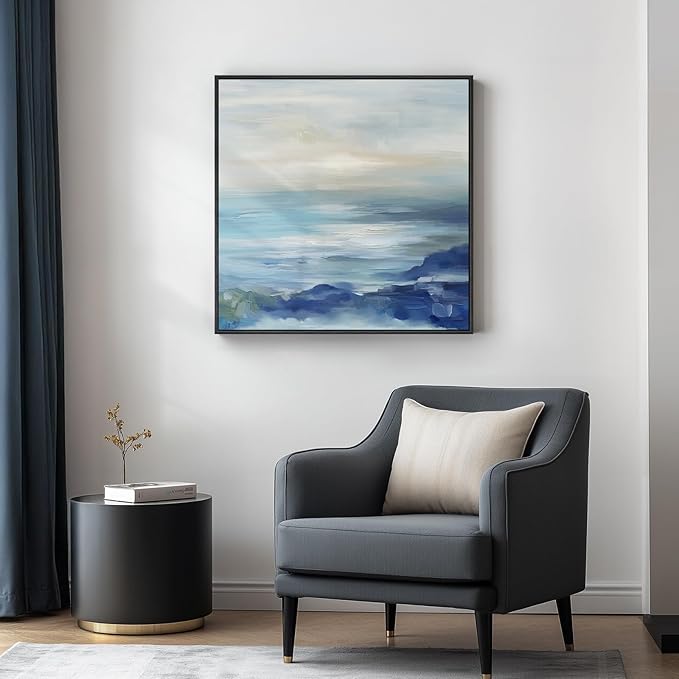 Framed Blue Abstract Wall Art for Living Room, Large Coastal Canvas Artwork for - Image 2