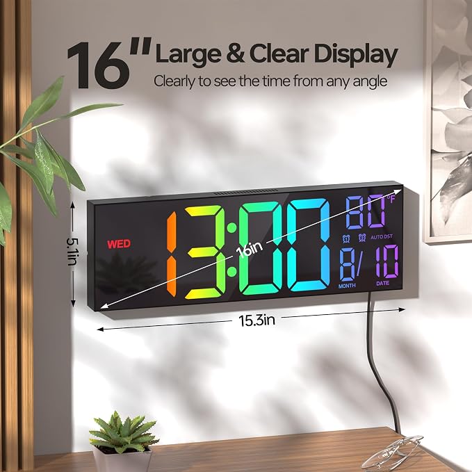 JALL 16.1" Large Digital Wall Mount Clock, Count Down Timer, Big LED, RGB Color - Image 2