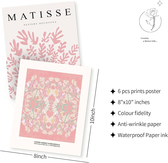 QIAOMICS Pink Flower Market Wall Art Prints, Cute Matisse Wall Decor Aesthetic - Image 4