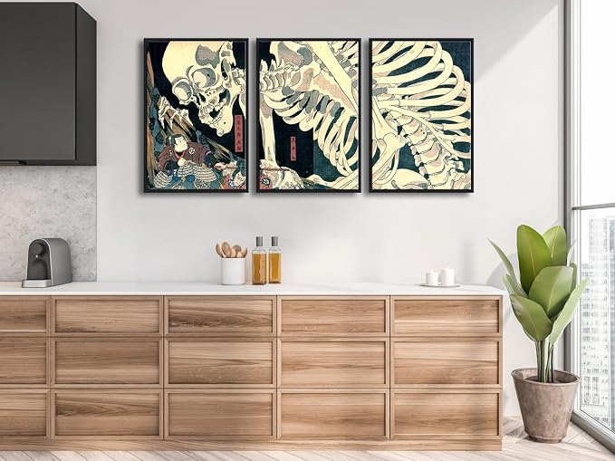 Wieco Art Black Framed 3 Piece Witch and Skeleton Ukiyo-E by Utagawa Takiyasha - Image 3