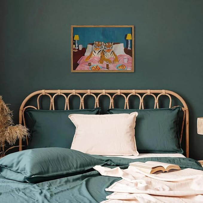 Framed Funny Tiger Wall Art, Eclectic Tigers Eating Pizza in Bed Pictures Wall - Image 4