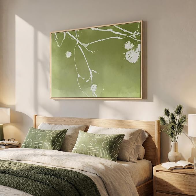 Framed Green Abstract Botanical Wall Art, Modern Minimalist Sage Green Canvas - Image 2