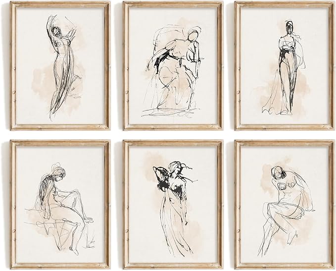 Vodefoad Figure Sketch Art Print Neutral Gallery Wall 6Pcs Set Soft feminine by VodefoadVintageWallArt