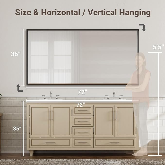 72 x 36 Black Framed Mirror for Bathroom, Beveled Black Bathroom Vanity Mirror - Image 2