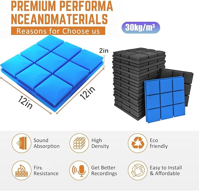 Acoustic Foam Panels 12 Pack 2" x 12"x 12" High Density Soundproofing - Image 2