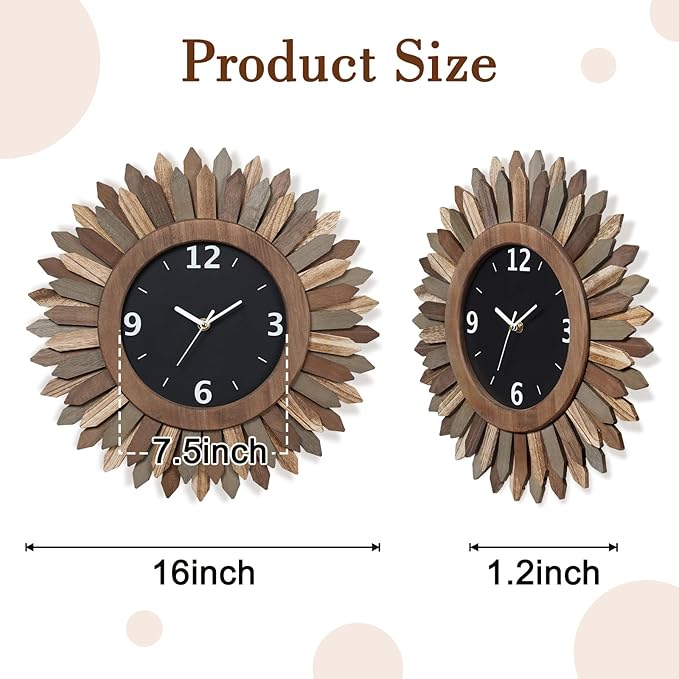 Honiway 16 Inch Wall Clocks, Rustic Wood Boho Sunburst Decorative Wall Clock - Image 5