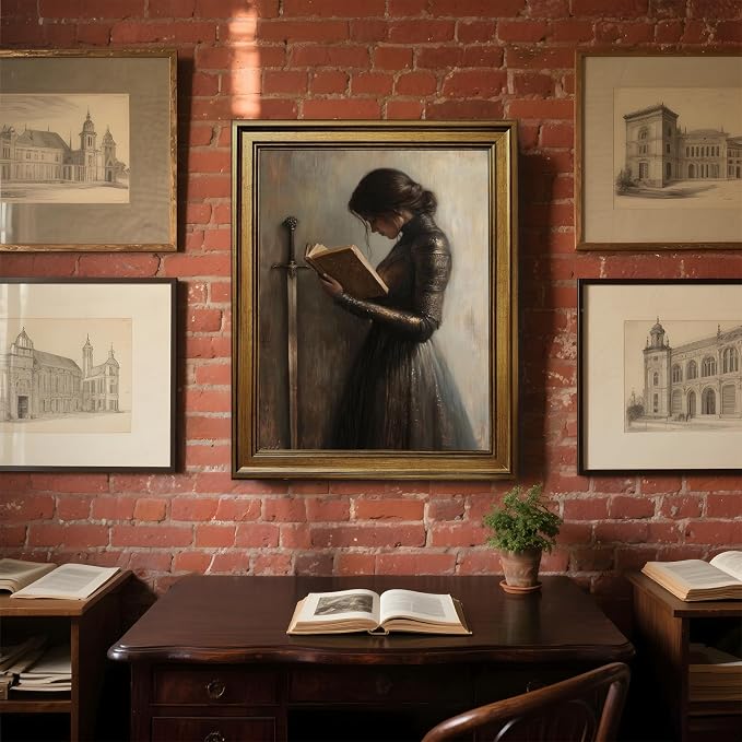 Retro Gold Framed Victorian Woman Knight Reading Book Wall Art Medieval Warrior - Image 5