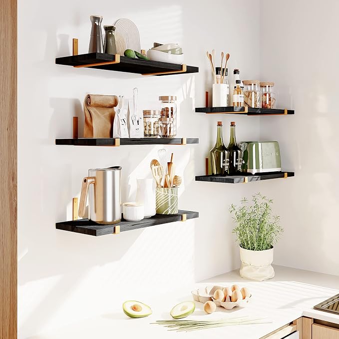 Fixwal Floating Black Gold Shelves Set of 5, Width 4.7 Inches, Rustic Wood Wall - Image 5