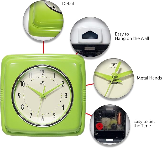Infinity Instruments Retro Wall Clock – 9-Inch Square Silent Non-Ticking - Image 6