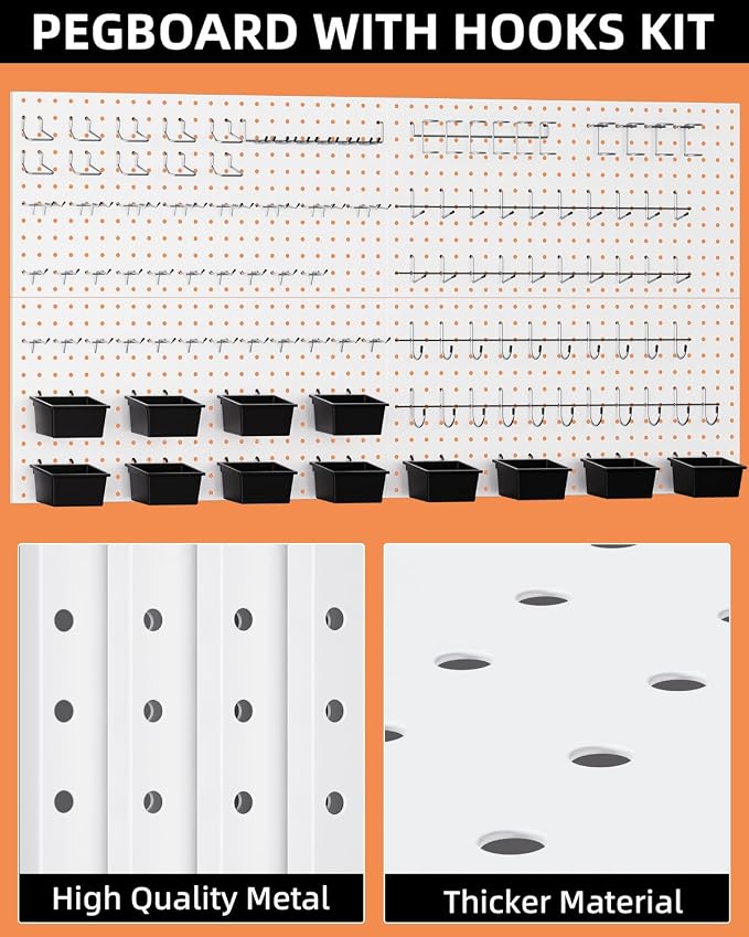 INCLY 158PCS Metal Pegboard Wall Organizer, 48x24 Inch White Pegboard Panels - Image 6