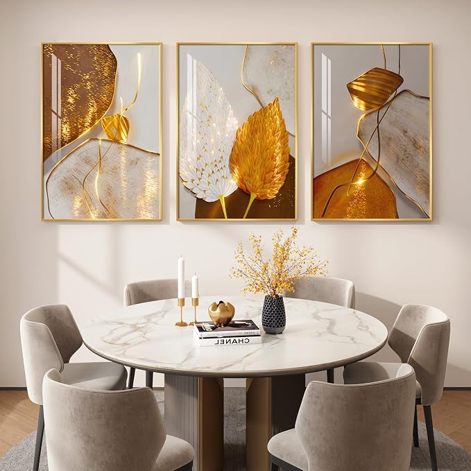 Framed Modern Luxury Wall Art for Living Room, Large White and Gold Leaf - Image 8