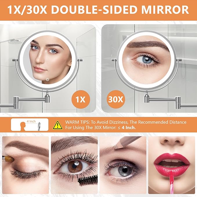 Auxmir 1X/30X Wall Mounted Lighted Makeup Mirror, Touch Dimmable 3 Color Light - Image 2