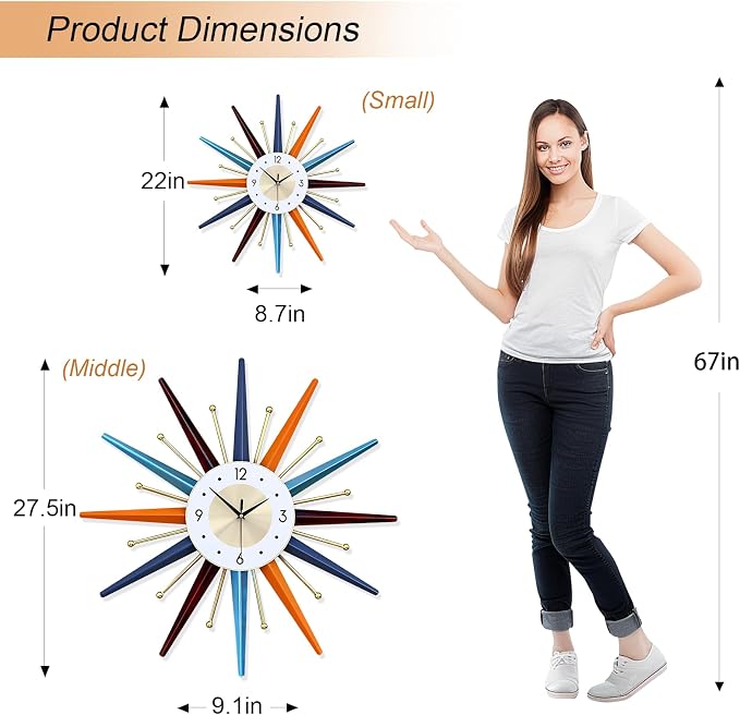 Large Wall Clock 27.5 Inch Modern Wall Clock Starburst Mid-Century Modern Decor - Image 3