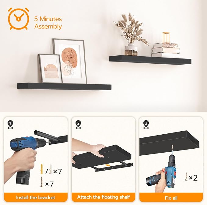 HOOBRO Floating Shelves for Wall, Wall Mounted Shelf Set of 2, 31.5" Hanging - Image 7