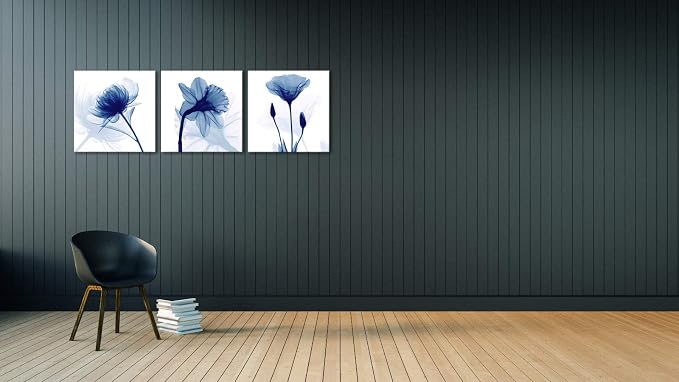 Wieco Art Blue Flowers 3 Panels Canvas Print Wall Art Modern Pictures Artwork - Image 3
