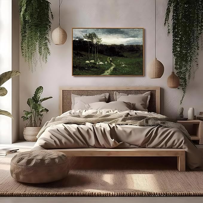 OIQArtOIQ Framed Vintage Landscape Wall Art Shepherd Natural Scenery Oil - Image 5