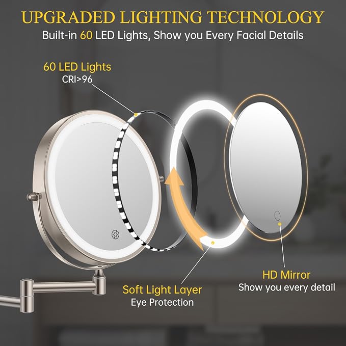 FUNTOUCH 3X/20X Wall Mounted Lighted Makeup Mirror, 5000mAh Rechargeable Double - Image 6