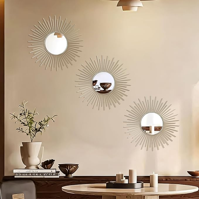 3 Pack Metal Mirrors for Wall Sunburst Wall Mirrors Home Décor Decorative - Image 3