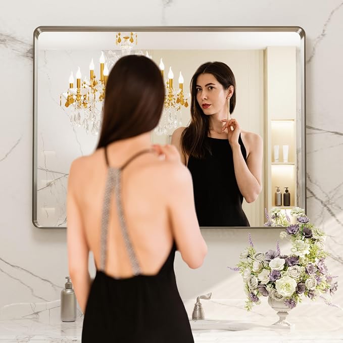 LOAAO 40X24 Inch Brushed Nickel Bathroom Mirror, Rounded Rectangle Silver Metal - Image 2