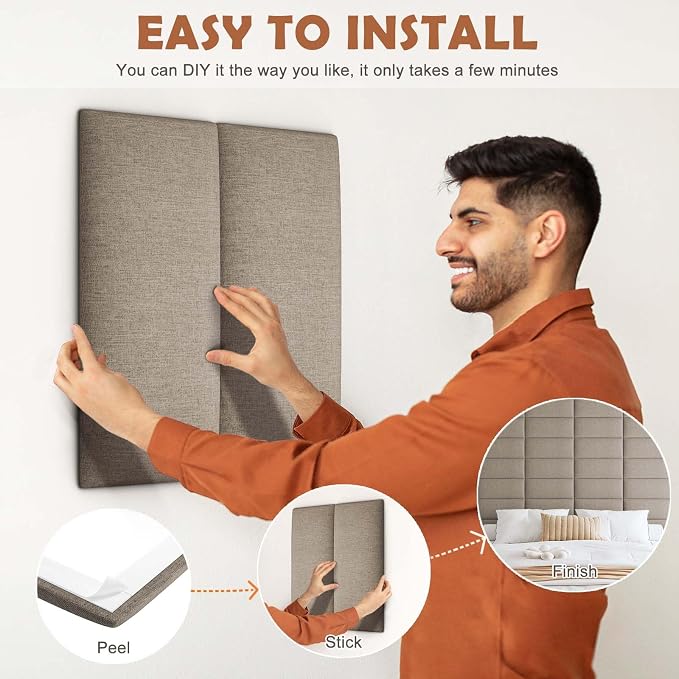 IFNOW Upholstered Wall Mounted Headboard, 3D Soundproof Wall Panels Peel and - Image 5
