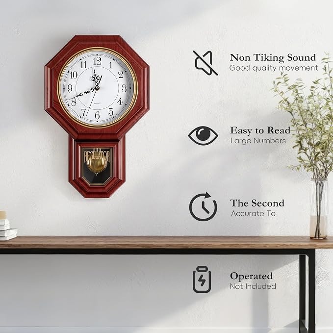 Regulator Wall Clock with Pendulum, Imitation Red Wood Plastic Wall Clock - Image 5