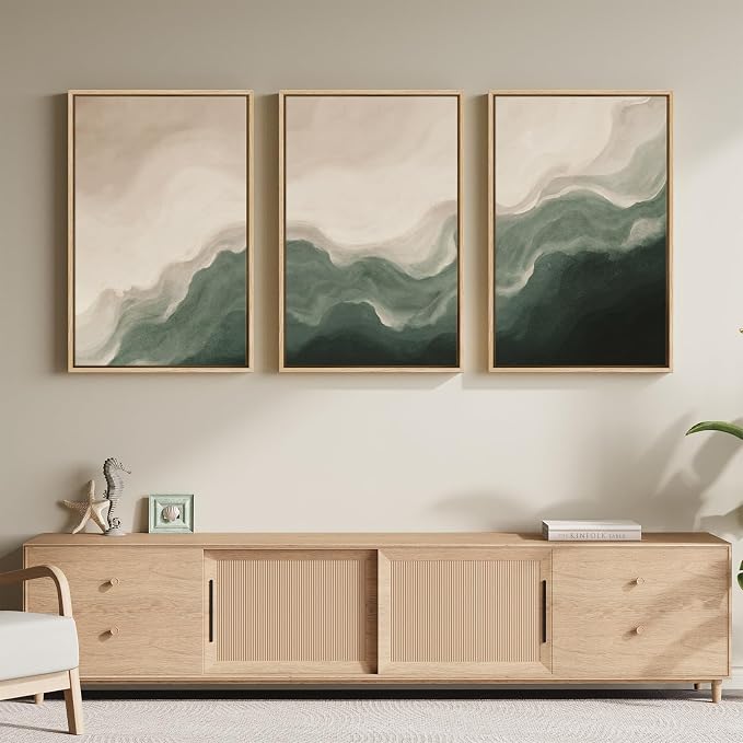 Large Framed Green and Beige Abstract Wall Art Set of 3, Modern Neutral Canvas - Image 4