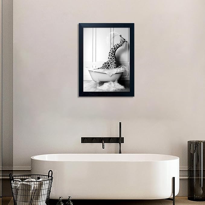 Black and White Bathroom Wall Art Funny Giraffe in Bathtub Wall Decor Framed - Image 7