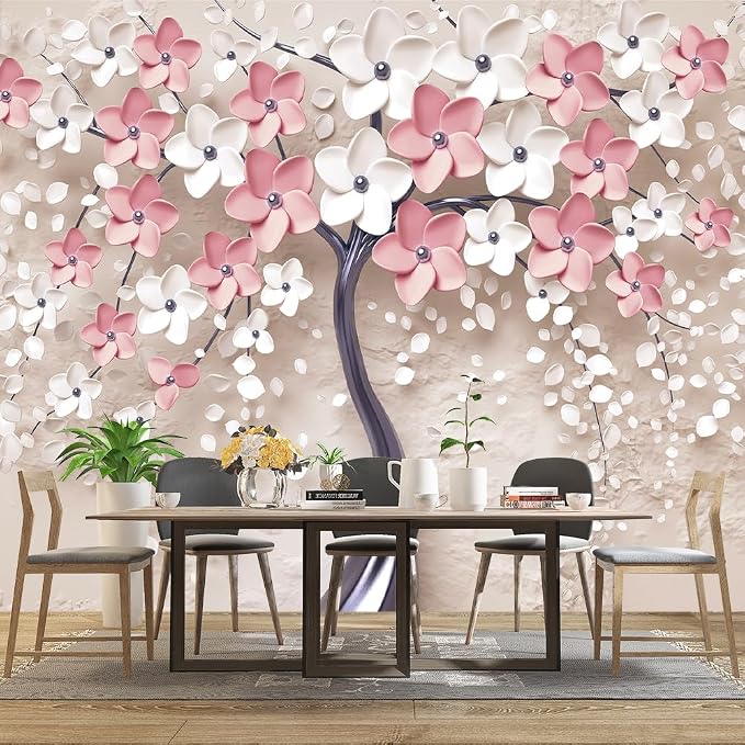 3D Relief Abstraction Pink Flowers Tree Mural Bedroom Floral Wallpaper Room - Image 3