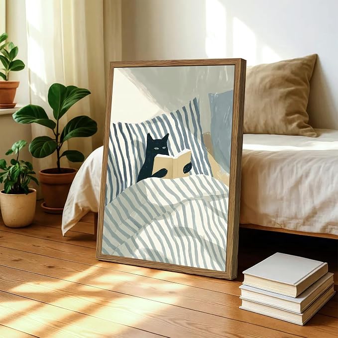 Funny Black Cat Wall Art Painting, Whimsical Cat in Stripe Bed Reading Wall - Image 2