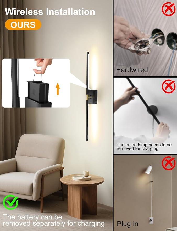 Battery Operated Wall Sconces Set of 2: 10000mAh Rechargeable Wall Lights - Image 3