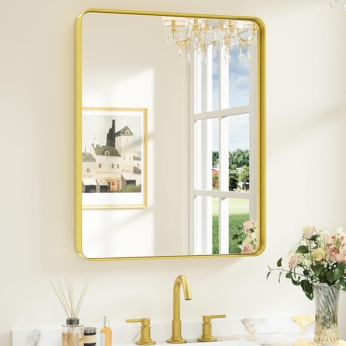 Keonjinn Gold Bathroom Mirrors for Over Sink, 24” x 30” Rounded Rectangle by Keonjinn