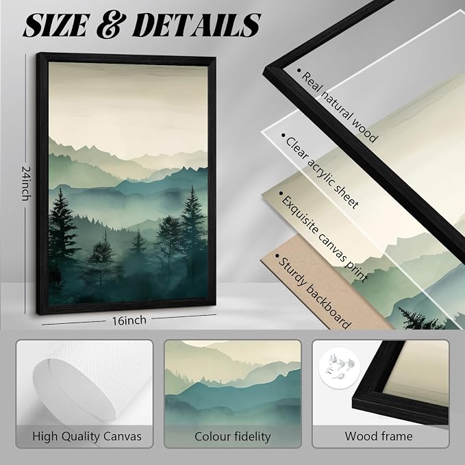 Mountain Wall Art Decor Set of 3 Sage Green Forest Canvas Wall Art Prints - Image 2