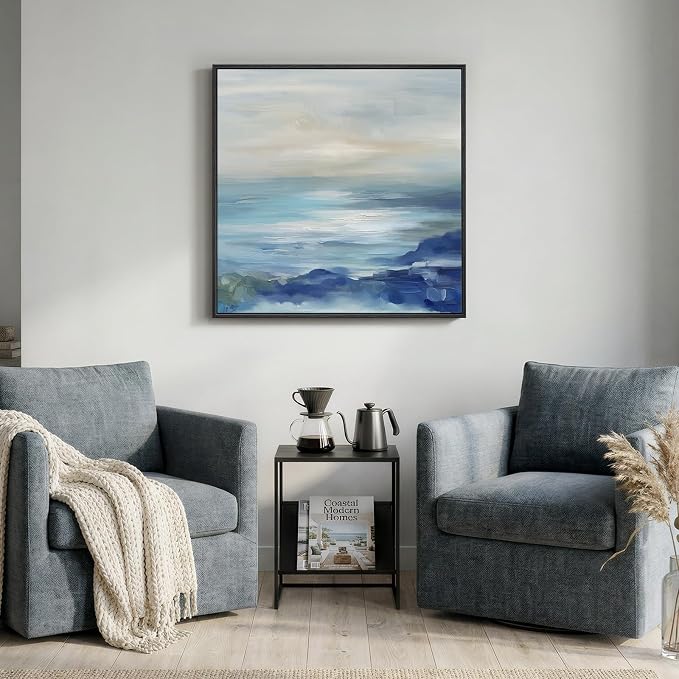 Framed Blue Abstract Wall Art Decor, Square Coastal Modern Canvas Artwork - Image 8