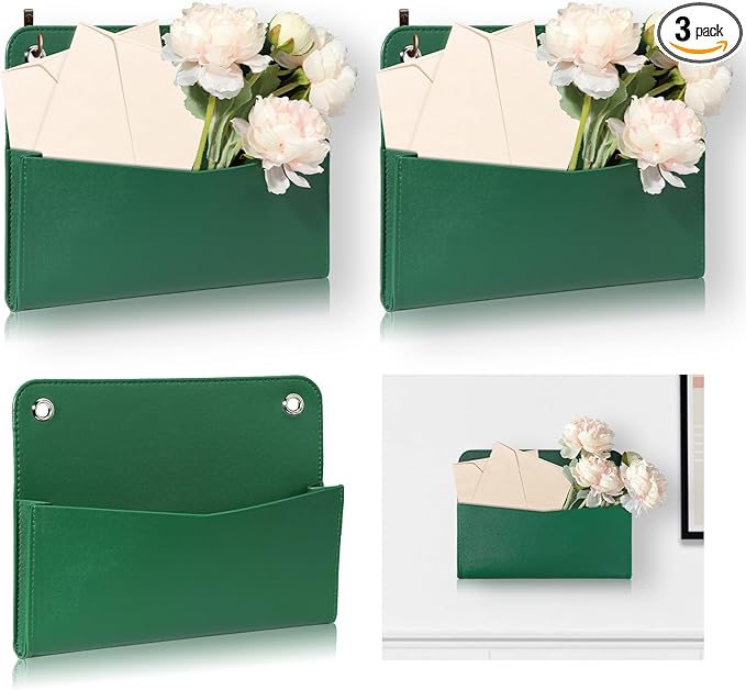 3 PCS Wall Mount PU Leather Mail Holder Green Faux Leather Letter Holder by Unknown