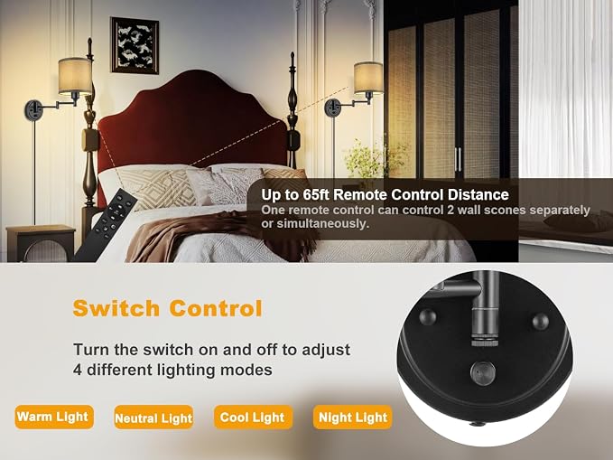 Plug in Wall Sconces with Remote Control, Dimming 10%-100% & Adjustable Colors - Image 3