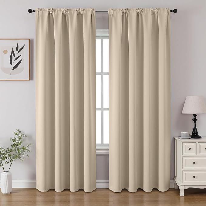 CUCRAF Light Beige Blackout Curtains 90 inch Length 2 Panels Set, Rod Pocket by CUCRAF