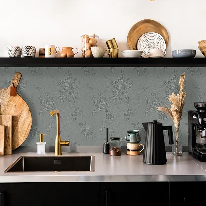 Grey Floral Peel and Stick Wallpaper Embossed Contact Paper 17.7 inch x - Image 3