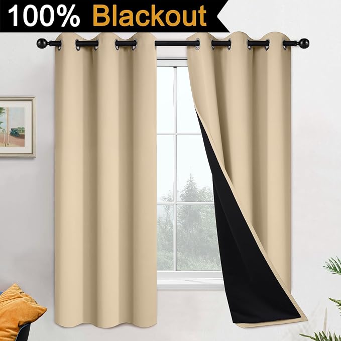 Yakamok Beige 100% Blackout Curtains, Thermal Insulated Total Blackout Drapes - Image 2