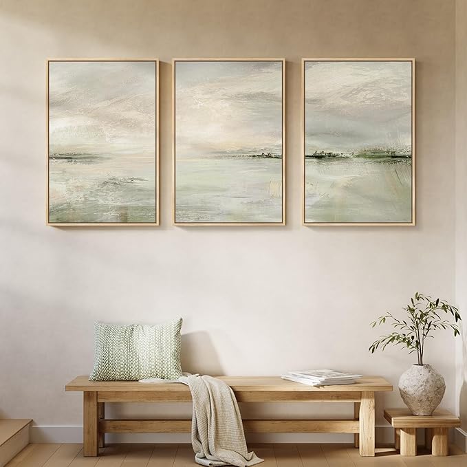 Large Framed Sage Green Abstract Landscape Wall Art, 3 Piece Modern Canvas - Image 3