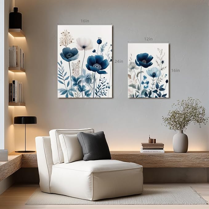 LLEEMPI Framed Navy Blue Floral Wall Art Set of 3, Modern Wildflower Wall Decor - Image 4